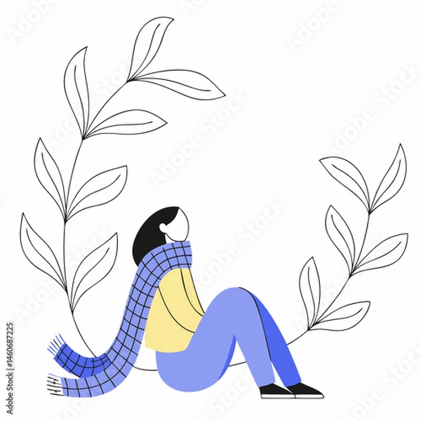 Fototapeta A simple, stylized illustration of a woman sitting thoughtfully outdoors, wrapped in a plaid scarf, surrounded by delicate, leaf-like foliage.