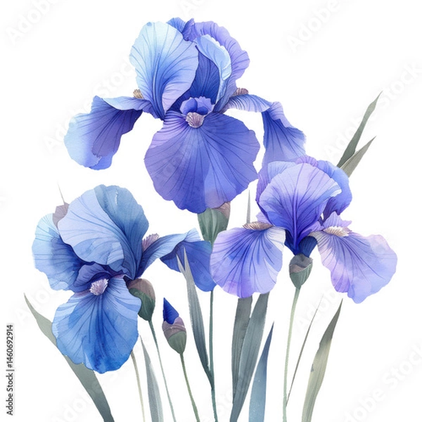 Obraz Beautiful blue iris flowers with delicate petals and green leaves watercolor, showcasing natural elegance and soft shades of purple and blue on transparent background