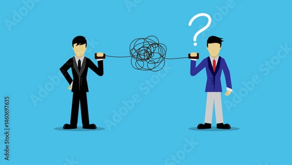 Obraz Bad communication, businessman talking through messy chaos, tangled phone line make other confused