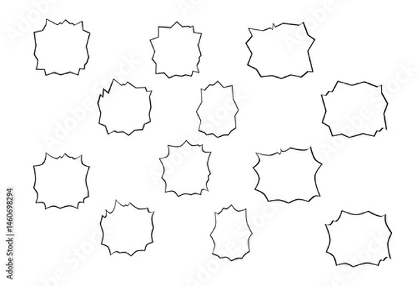 Fototapeta A vector illustration of comic conversation bubbles. Multiple white speech bubbles with jagged outlines are scattered across a plain white background, ready to fill with dialogue for a comic strip.