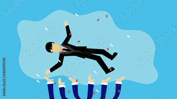 Obraz Joyful company colleagues throwing their happy boss into the air celebrating team success