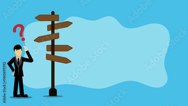 Obraz Confusing businessman manager looking at multiple road sign and thinking which way to go