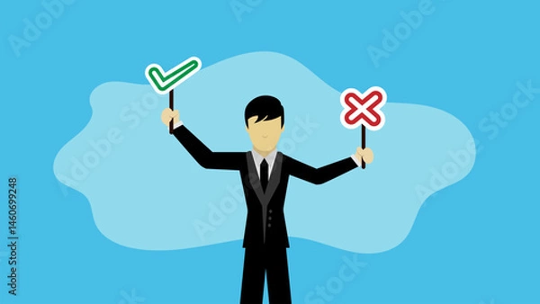 Obraz Thoughtful businessman holding right or wrong of left and right hand while making decision
