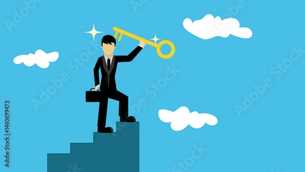 Obraz Businessman winner walk up to top of stairway lifting golden success key to the sky
