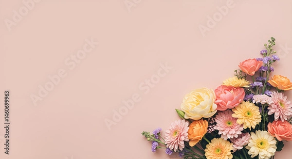 Obraz Bouquet of flowers on a pastel color background with copy space