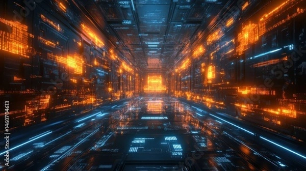Fototapeta Cyberpunk Digital Corridor: Neon Lights and Futuristic Architecture