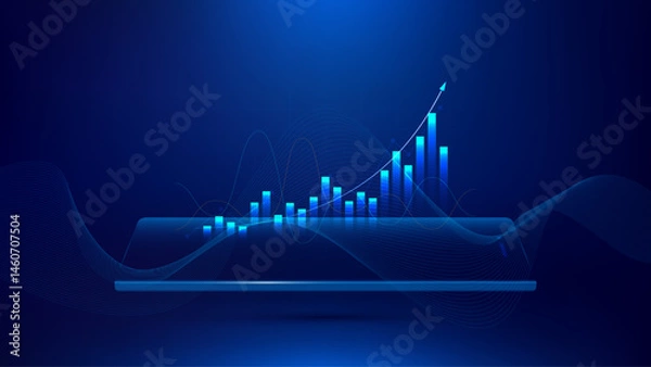 Fototapeta Smartphone displays growing bar chart on blue digital background, representing stock market or financial growth. This vector design highlights business and trading concepts with futuristic style.