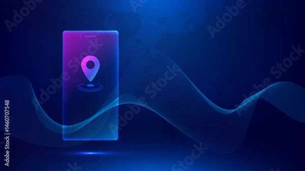 Obraz Smartphone with location pin icon on screen. Futuristic technology, location tracking, and global connectivity. set against blue wave background with gradient from purple to navy. 