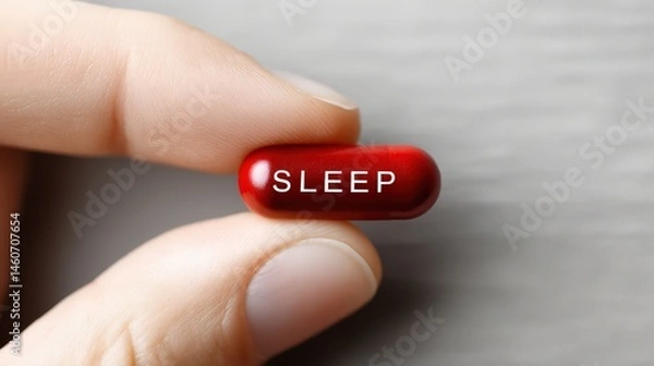 Fototapeta A finger delicately holds a red pill imprinted with the word "SLEEP," suggesting a quick fix for insomnia or rest