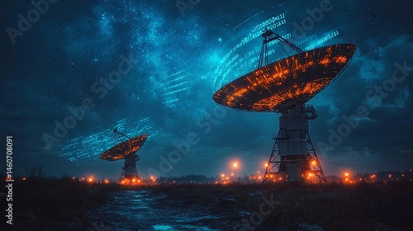 Fototapeta Radio telescopes scanning starry night sky, data stream, observatory field