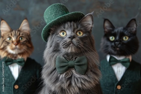 Fototapeta Three cats in green suits and bow ties, one wearing a top hat, look upward