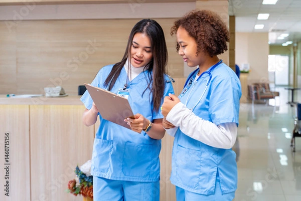 Fototapeta Team of diversity doctor and nurse is discussing and brainstorming on patient medical record after diagnosis for precise care plan with experienced physician specialist