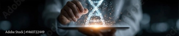 Fototapeta Young doctor in a modern coat holds a glowing DNA hologram above a tablet in a futuristic clinic with soft ambient light.