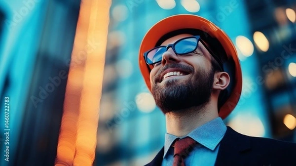 Fototapeta Smile Engineer in hardhat Analysing data in computer