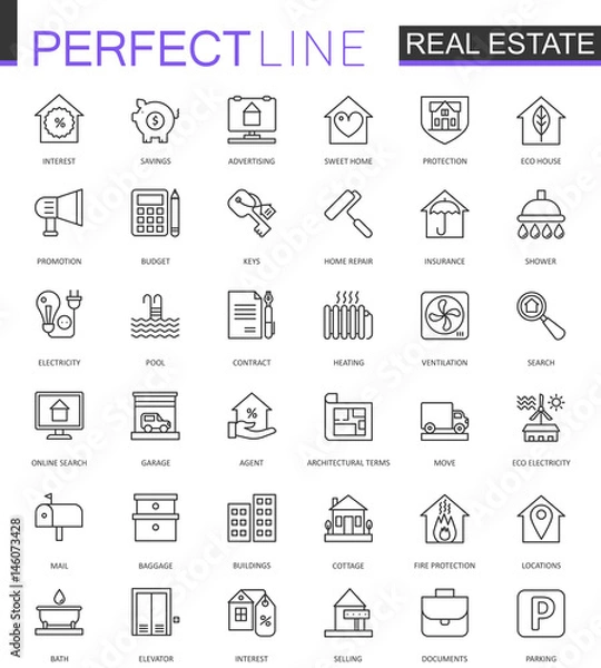 Fototapeta Real Estate thin line web icons set. Outline stroke icon design.