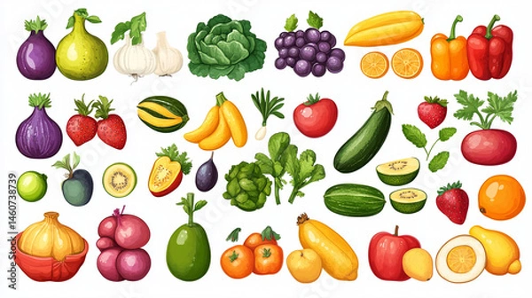 Fototapeta set of vegetables and fruits illustration background.ai generative