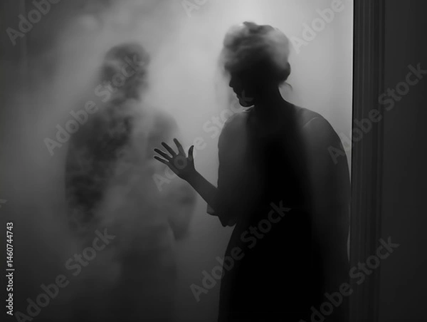 Fototapeta shadowy figure and hands in misty room, dark tones, mysterious encounter, cinematic lighting