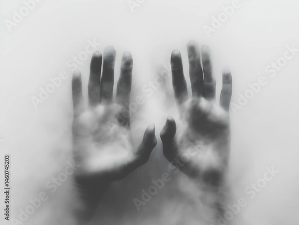 Fototapeta translucent hands on foggy glass, monochromatic, mysterious, ethereal, somber atmosphere