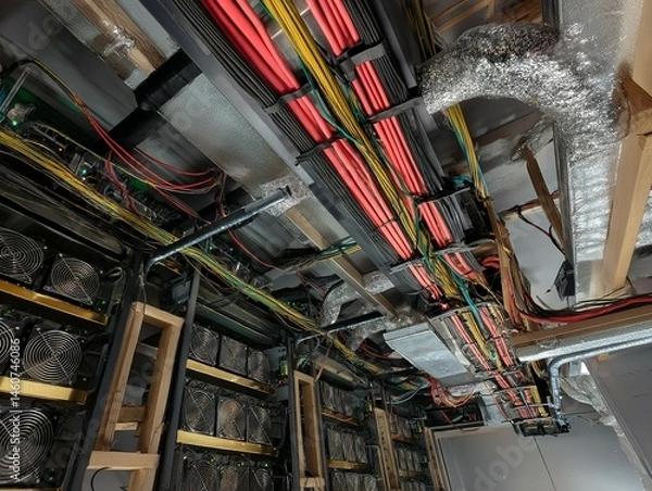 Fototapeta Complex network of cables and electronic components.