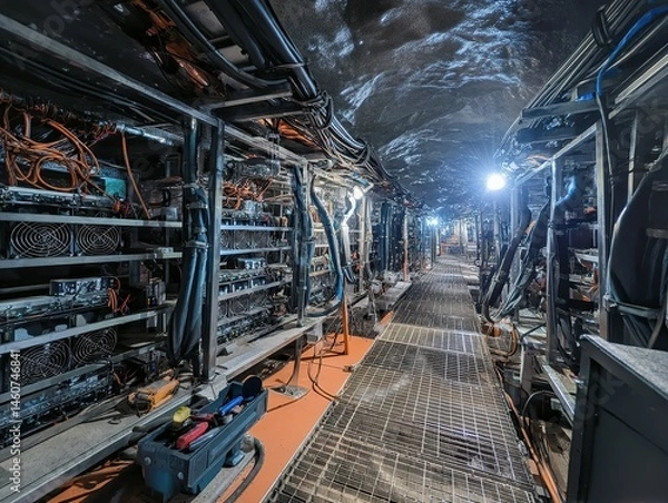 Obraz Industrial tunnel network with server racks and wiring.