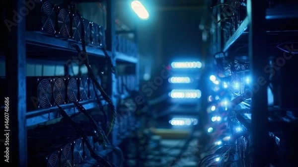Obraz Interior view of a server farm with glowing components.