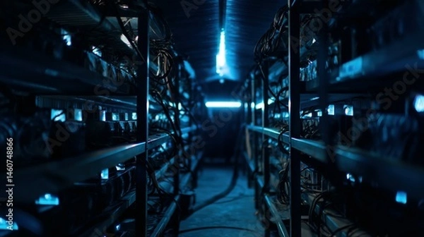 Obraz Dark, server room interior with rows of equipment.