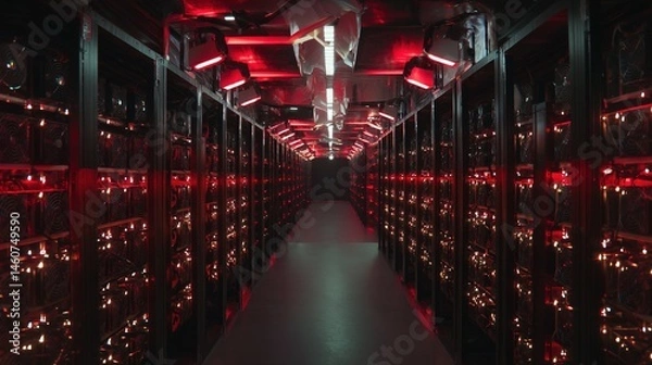 Obraz Dark, illuminated server room corridor with red lighting.