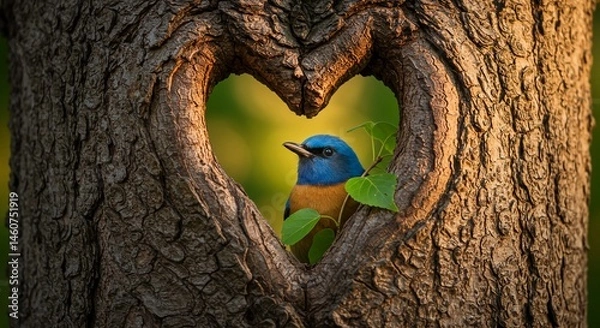 Fototapeta Colorful bird perched in heart-shaped tree bark background  