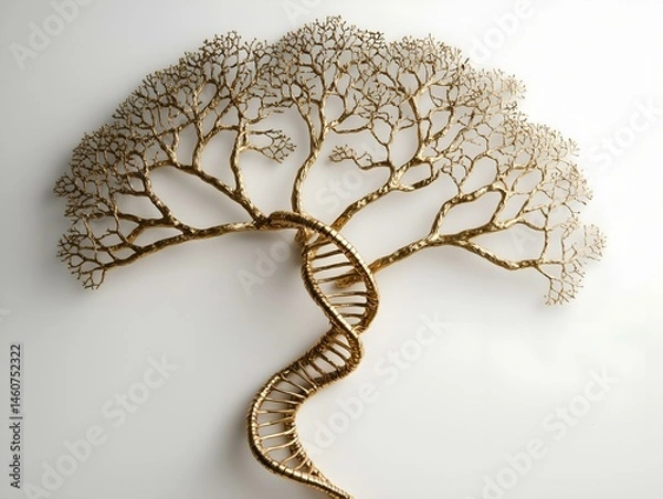 Fototapeta golden dna tree sculpture, light background, intricate design, metallic texture, artistic piece
