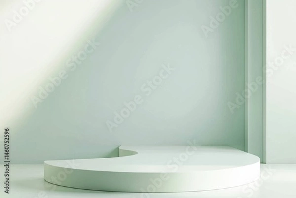 Fototapeta Minimalist, light-filled, pale green room with a curved, white, pedestal display platform