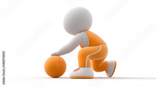 Fototapeta 3D-Figur beim Basketballspiel – Minimalistisches Konzept mit orangefarbenem Ball. Künstliche Intelligenz KI