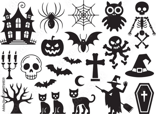 Obraz Black and white halloween vector silhouette set with spooky icons and elements