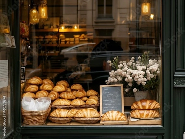 Fototapeta parisian bakery window display, assortment of pastries, warm lighting, evening atmosphere