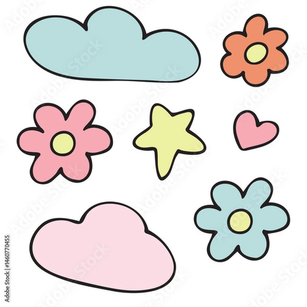 Fototapeta pink and blue clouds, flowers, heart and star, vector set of cute colored children s elements in doodle style with black outline, set of elements