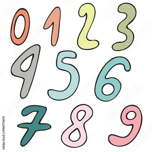 Fototapeta numbers for birthday for garland or cake, holiday decor, vector set of cute colored children s elements in doodle style with black outline, set of elements
