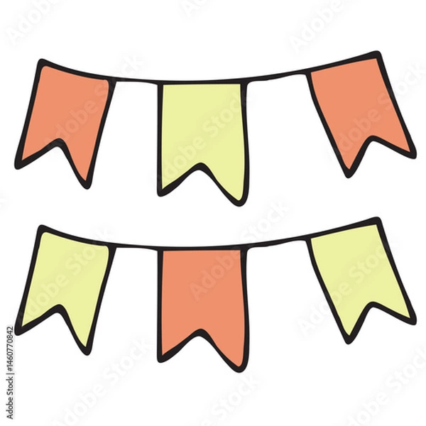 Fototapeta cute children s garland of red and yellow flags, vector set of cute colored children s elements in doodle style with black outline, set of elements