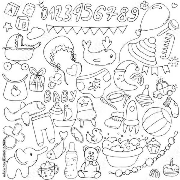 Fototapeta large set of children s items - toys, clothes, hygiene, stroller, bath, dishes, vector set of cute colored children s elements in doodle style with black outline, set of elements