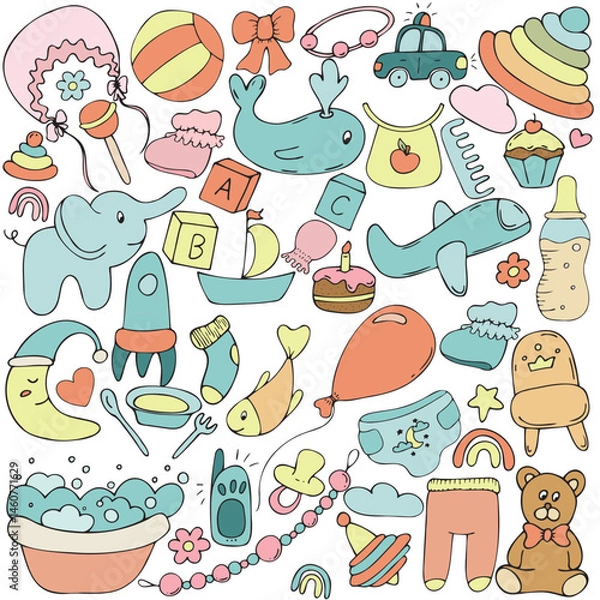 Fototapeta large set of children s items - toys, clothes, hygiene, stroller, bath, dishes, vector set of cute colored children s elements in doodle style with black outline, set of elements