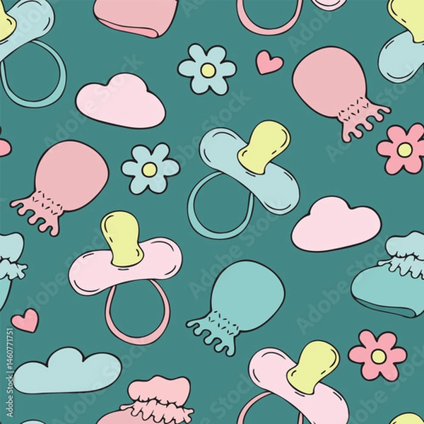 Fototapeta pink and blue pacifiers, scratching mittens and a shell with flowers on a turquoise background, vector seamless pattern, cute children s drawing in doodle style, with black outline