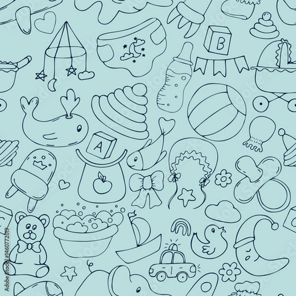 Fototapeta different children s toys on a blue background with a blue outline without filling, vector seamless pattern, cute children s drawing in doodle style, with black outline
