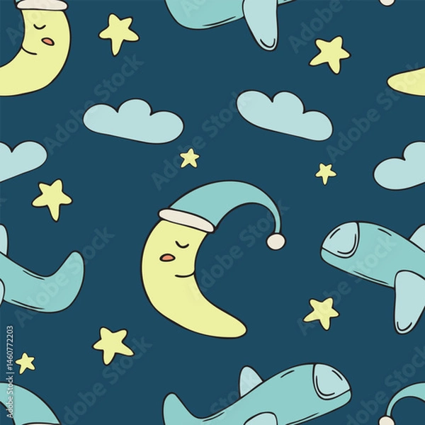 Fototapeta crescent moon in a nightcap, airplanes, clouds and stars in the night sky, good night, vector seamless pattern, cute children s drawing in doodle style, with black outline