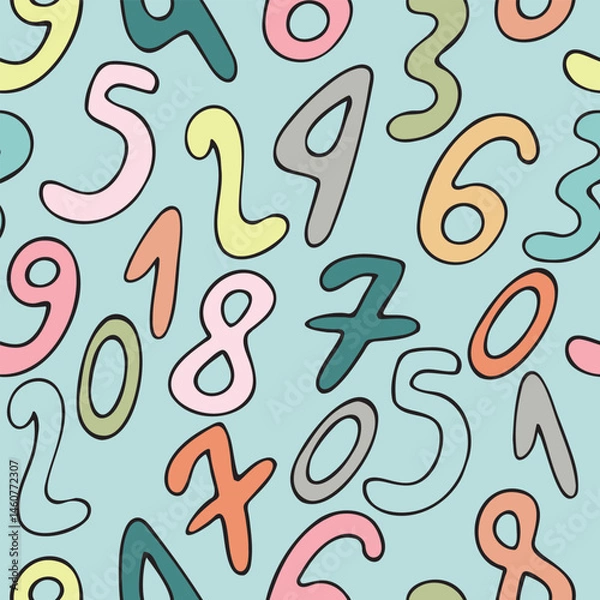 Fototapeta multicolored numbers on a blue background, mathematics, vector seamless pattern, cute children s drawing in doodle style, with black outline