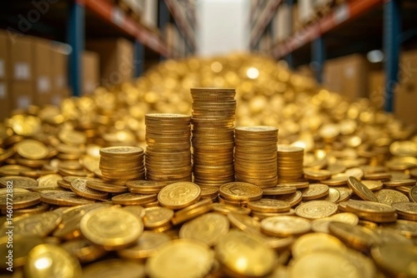 Fototapeta Golden coins stacked in a warehouse setting.