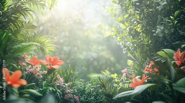 Fototapeta Botanical 3D exploration reveals a lush, realistic 4K jungle scene with vibrant red hibiscus and intricate foliage, bathed in a soft, ethereal light glow.