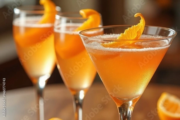 Obraz Three elegant cocktails garnished with orange zest.