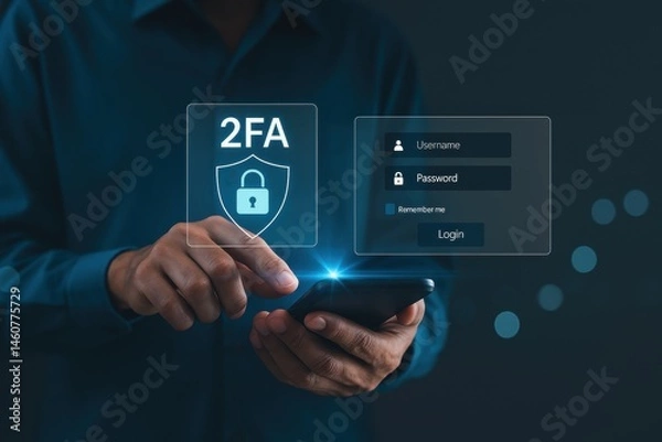Fototapeta Man using smartphone with 2FA security lock for account login