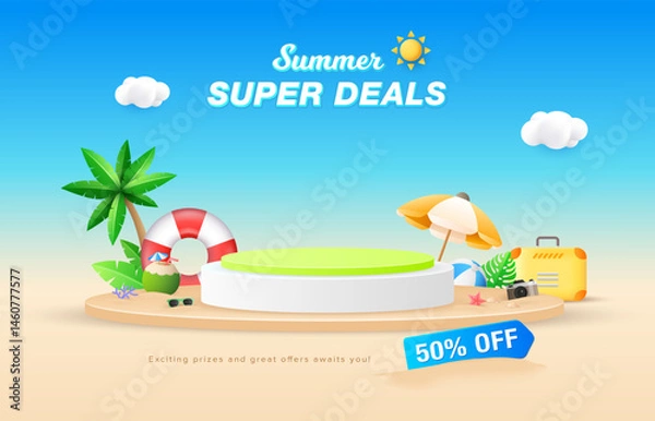 Fototapeta Clean beach style podium design with safety ring, beach umbrella, tropical plants for summer deals. Summer sale design banner template.