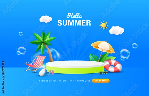 Fototapeta Clean 3d summer sale podium design with tropical plants, safety ring, beach umbrella in blue bubble background. Promotion banner template for summer holiday.