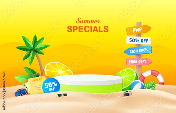 Fototapeta Bright color summer sale podium design with fruits, promotion board and beach background. Summer holiday promotion banner template.