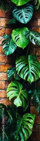 Obraz Large green tropical leaves cascading over a rustic brick wall soft natural light enhances the texture of the bricks and the vibrant greenery